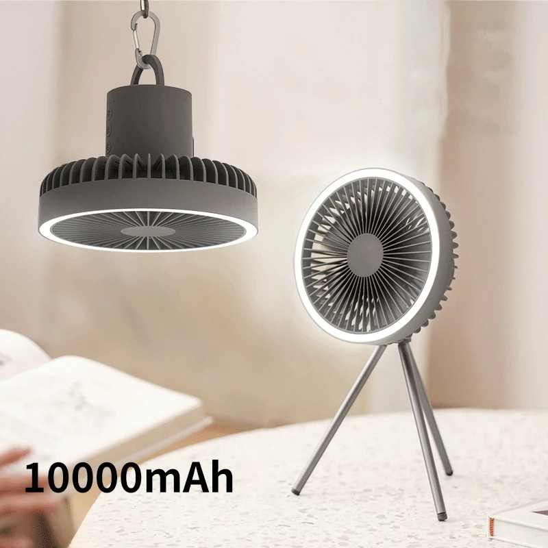 10000mAh Camping Fan Rechargeable Desktop Portable Circulator Wireless Ceiling Electric Fan with Power Bank LED Lighting Tripod