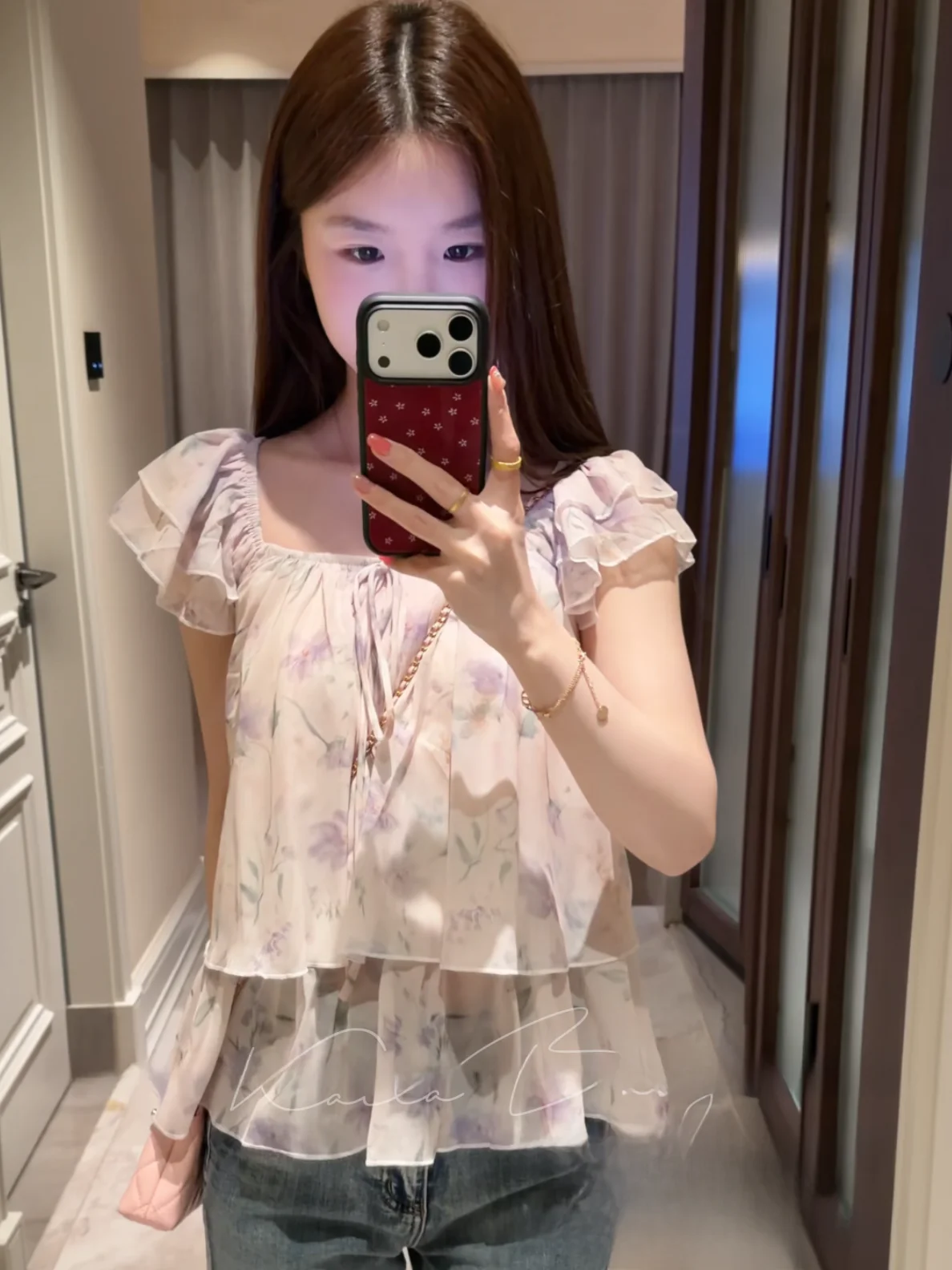 

Romantic Style Floral Print Chiffon Top Women's Summer Fly Sleeve Square Collar Blouse Lace Trim Loose Fit Short Sleeve