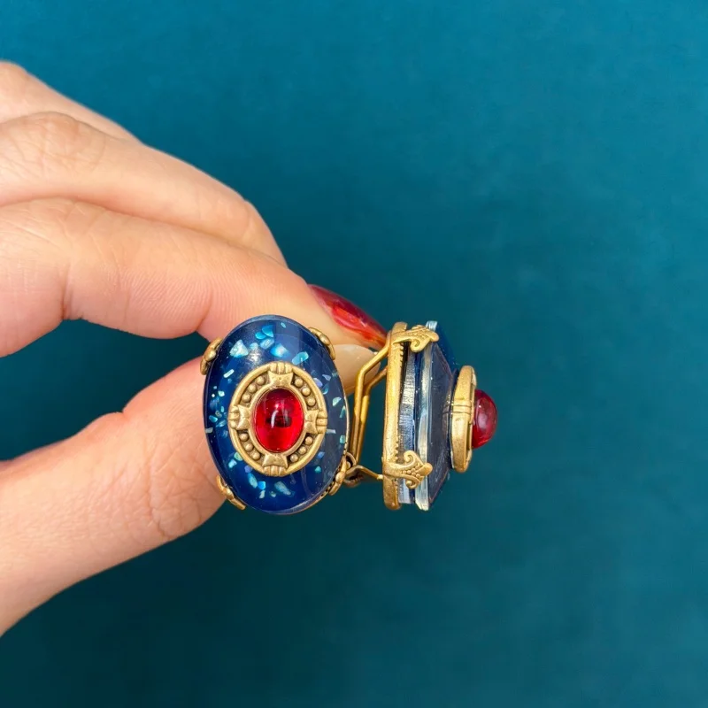 

Vintage Large Red Glass Opal Blue Glass Palace Earrings Gold Color Trendy Art Deco oval Jewelry For Woman Luxury Brand Gift