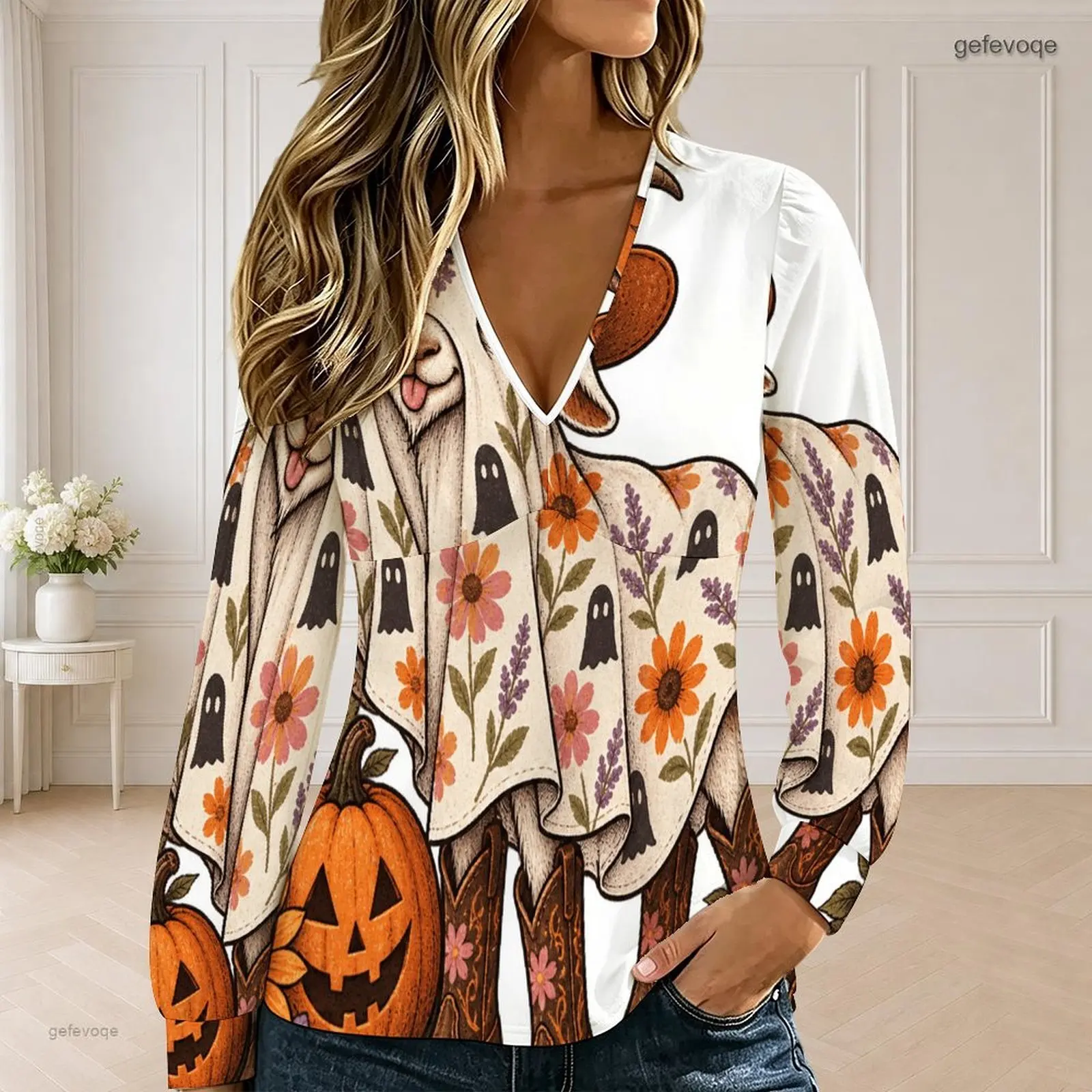 Women V Neck Long Sleeve Top, Printed Western Halloween Pumpkin Floral Cactus Star Pattern