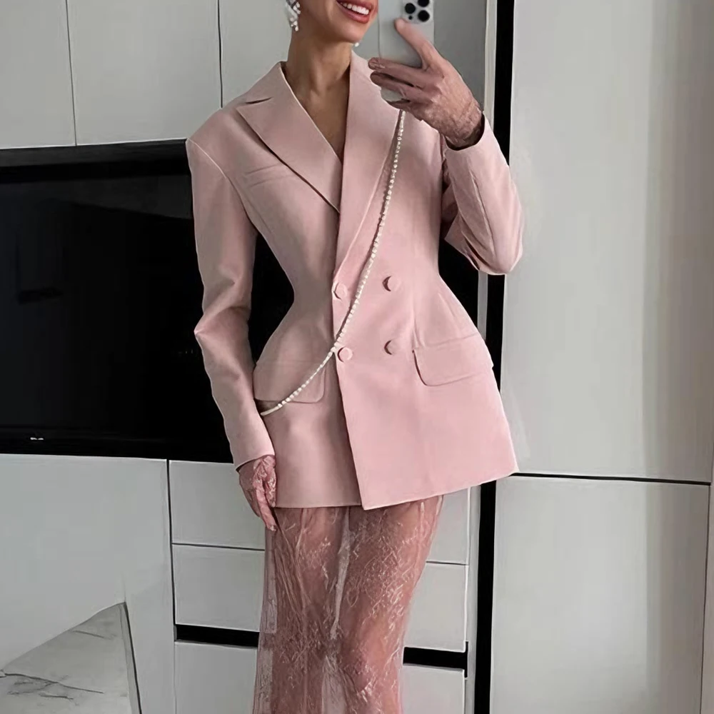 

Трансграничная эксклюзивная европейская и американская мода Aliexpress Ins, популярный блейзер на пуговицах с лацканами и талией + кружевная юбка