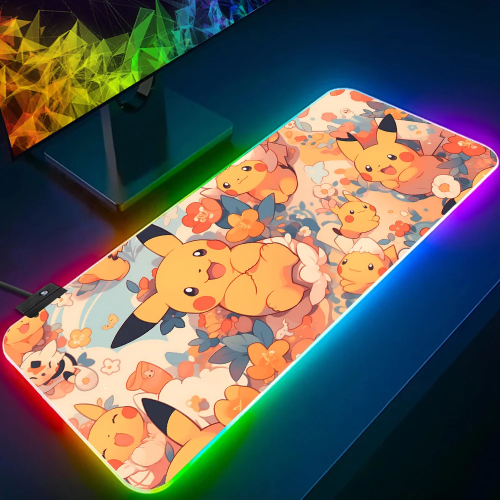 Cartoon Cute P-Pikachus RGB Pc Gamer Keyboard Mouse Pad Mousepad LED Glowing Mouse Mats Rubber Gaming Computer Mausepad Funda