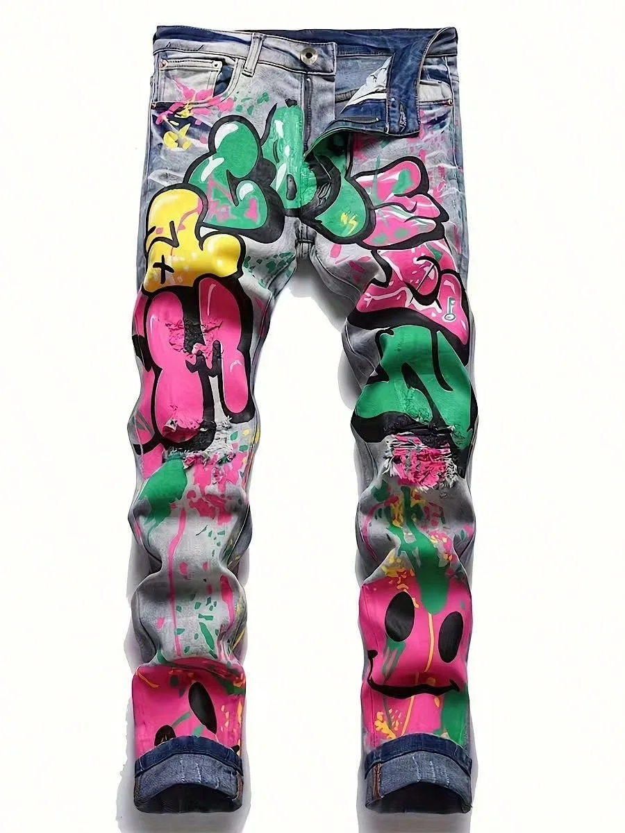 

European and American new fashion trend old washed hole printed jeans