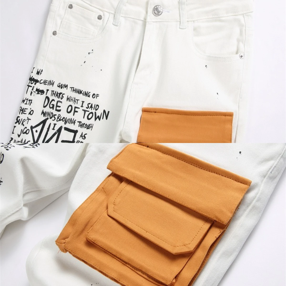 Speckled Ink Dot Jeans Men Big Pocket Graffiti Scratched High Elastic 3D English Zipper Slim Fit Embroidery Pants Soft Cotton 24