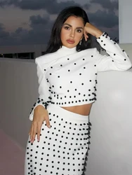 Modphy 2024 Designer Runway Beads Suit Set Women's Stand Collar Zip White Cropped Tops Long Skirt Set 2pc outfit