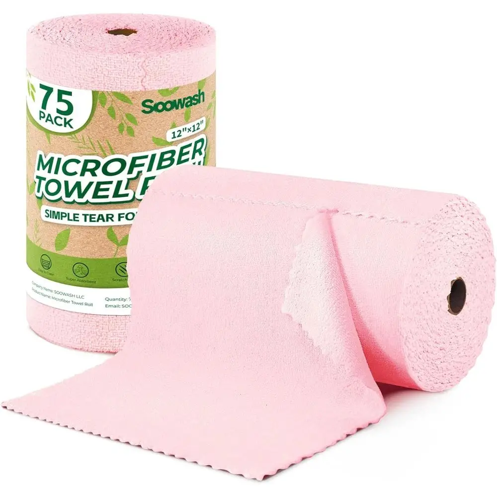 

75 Pack 12x12 Inch Microfiber Cleaning Towels Roll, Lint-Free, Reusable, Washable, Scratch-Free, Ultra Absorbent Dish Rags, Pink