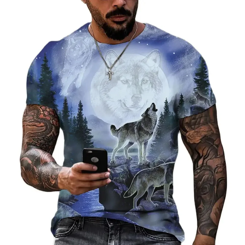 2024 Men\'s 3D Graffiti Wolf King Pattern T-shirt, Casual Cool Micro Stretch Breathable T-shirt, Outdoor Spring/Summer Men\'s Wear