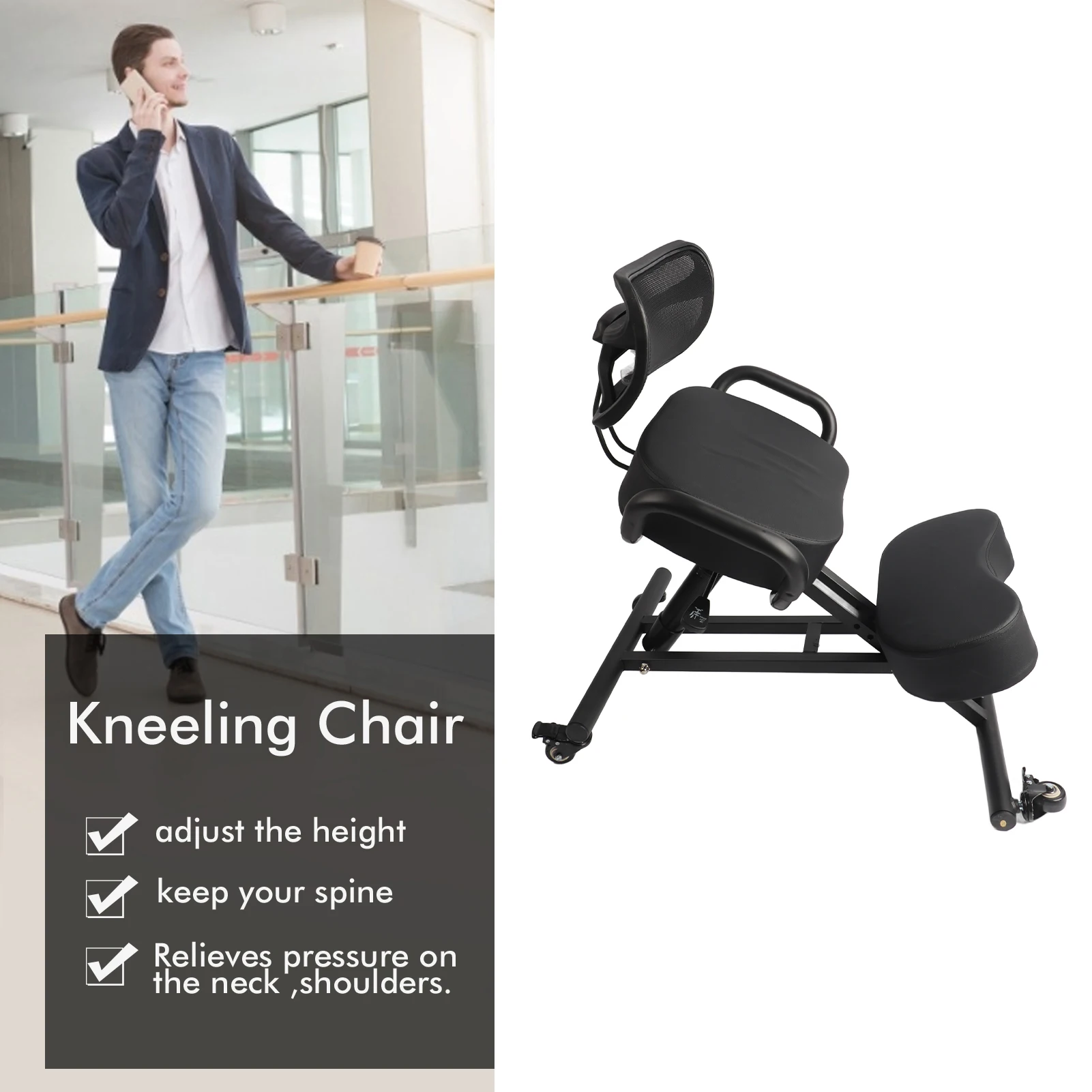 Adjustable Kneeling Chair Height Adjustable Ergonomic Breathable Back Support Kneeling Chair with Leather Cushion Kneeling Chair