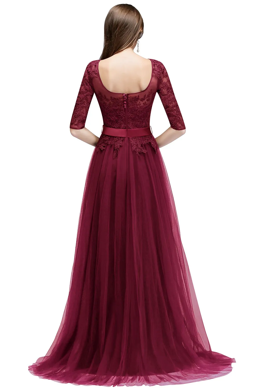 Scoop Neckline Zipper Up Tulle Long Floor-length Dresses Lace Applique Half Sleeve High Split Wedding Evening Party Prom Gowns