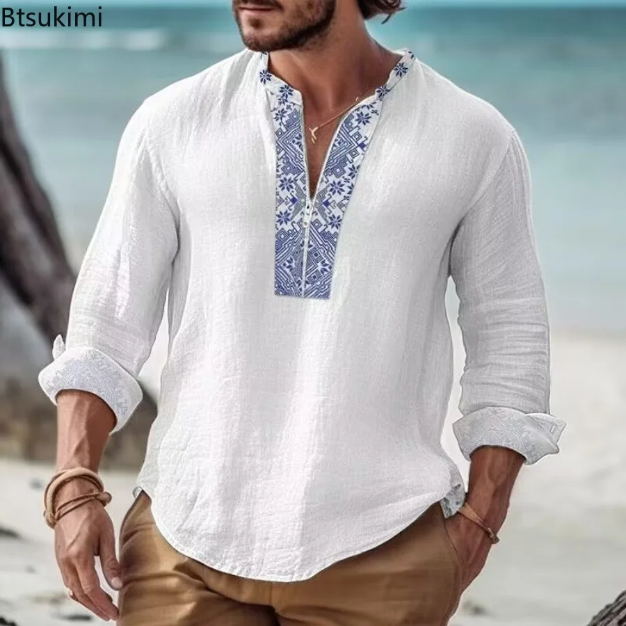 Men's Cotton Linen Shirt Solid Long Sleeve Stand Collar Chest Print Zipper Tops Spring Fashion Casual Shirts Pullover for Men