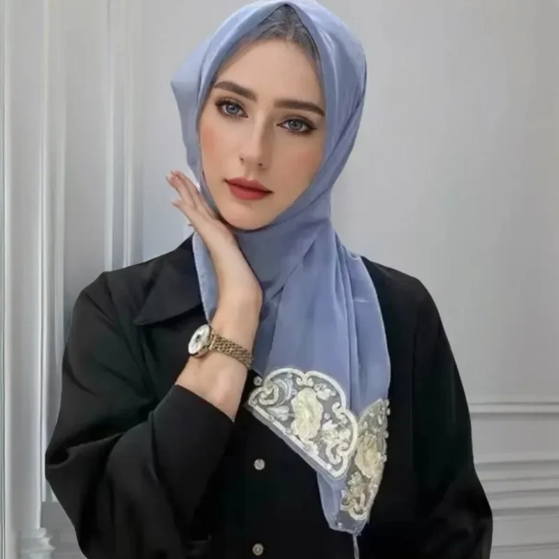 Bordado pérola chiffon lenço quadrado palácio clássico estilo oriental diamante borla envolto hijab médio oriente cabeça muçulmana