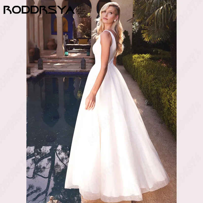 RODDRSYA vestido de novia de tul brillante, traje Sexy con cuello en V, línea A, bolsillo Insertable, sin mangas, fiesta nupcial vestido de novia de tul brillante, traje Sexy con cuello en V, línea A, bolsillo Insertab