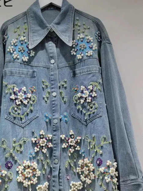 

Новая весенняя джинсовая куртка оверсайз 2026 года с вышивкой, бисером и стразами, свободного кроя, с отложным воротником, модная, повседневная
