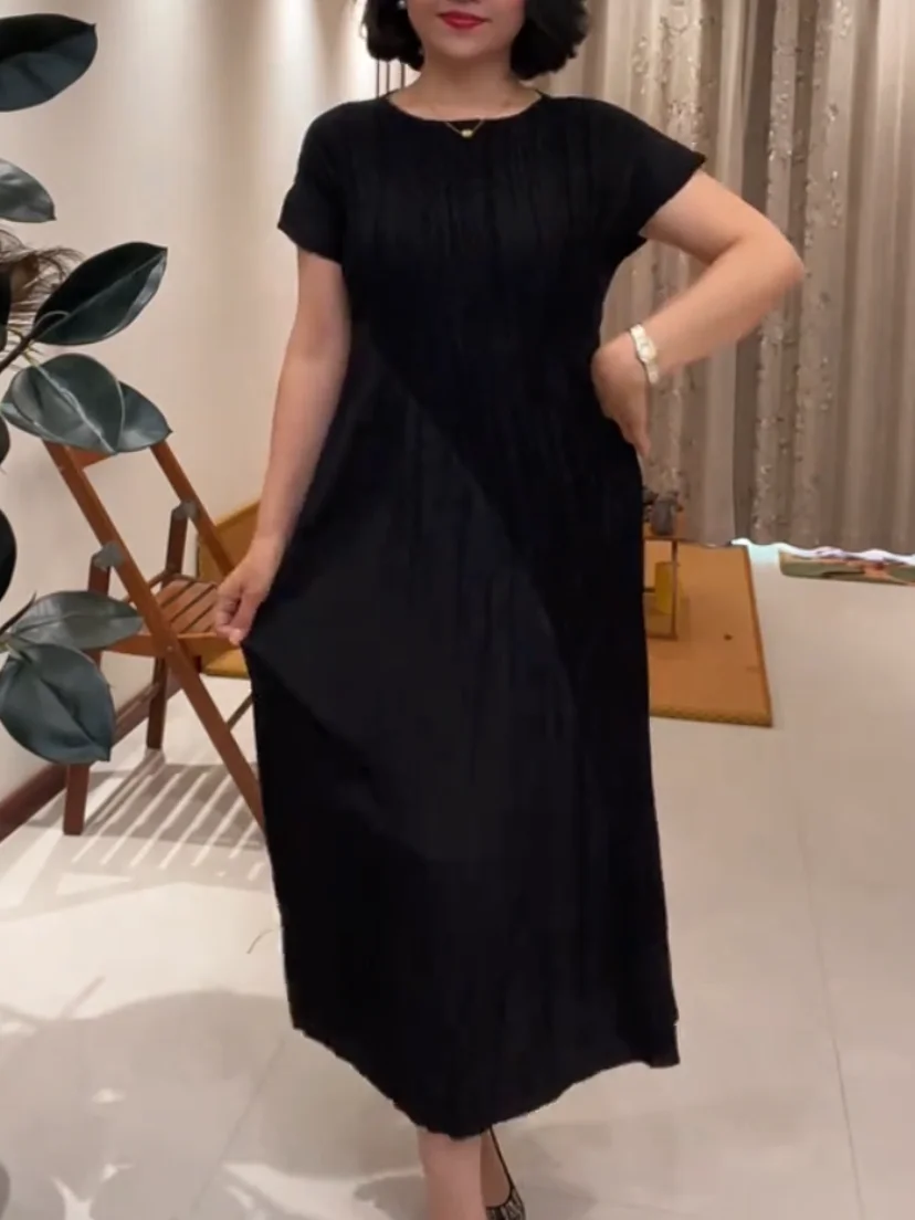 Summer New Pure Color Splice Long Folded Casual round Neck Dress Comfortable Loose Mommy's Daily Wear Comfortable Long Dress