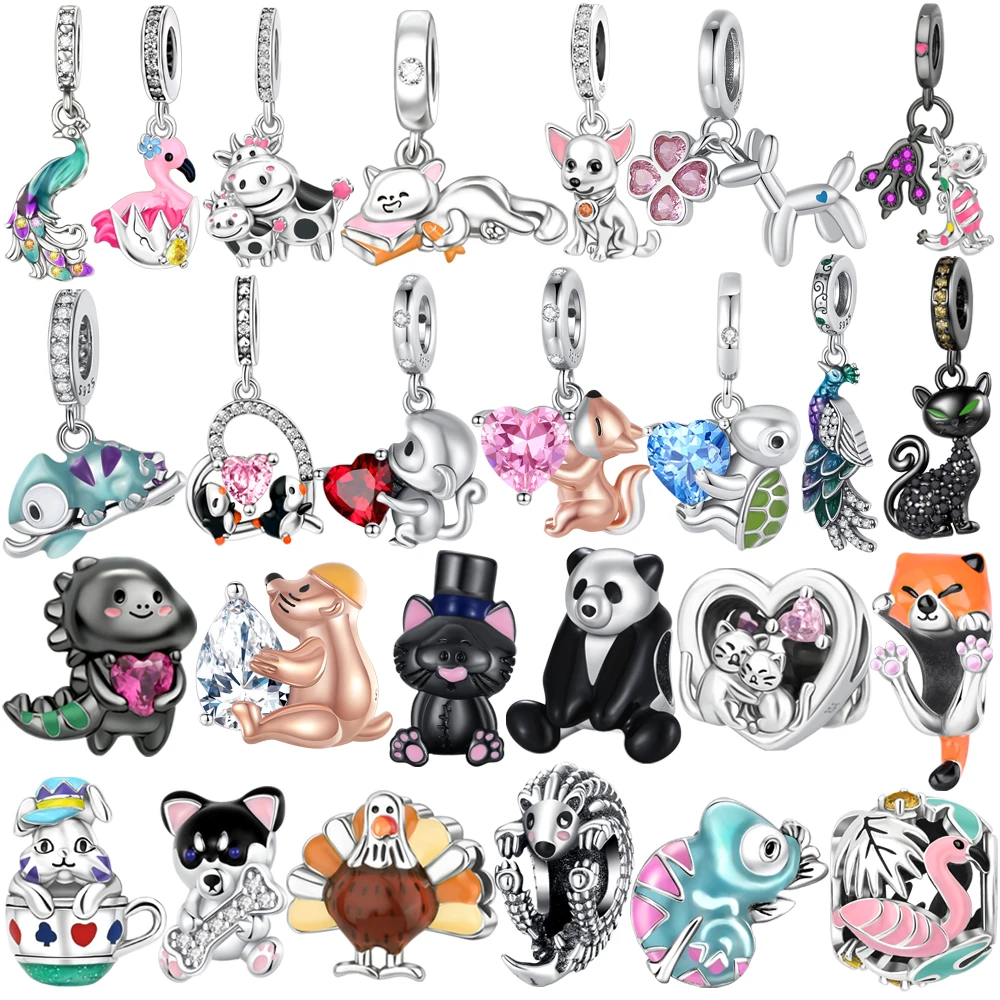 

2025 New Charms 925 Sterling Silver Cat Dog Flamingo Chameleon Axolotl Animal Beads Fit Bracelet Necklace Women DIY Jewelry