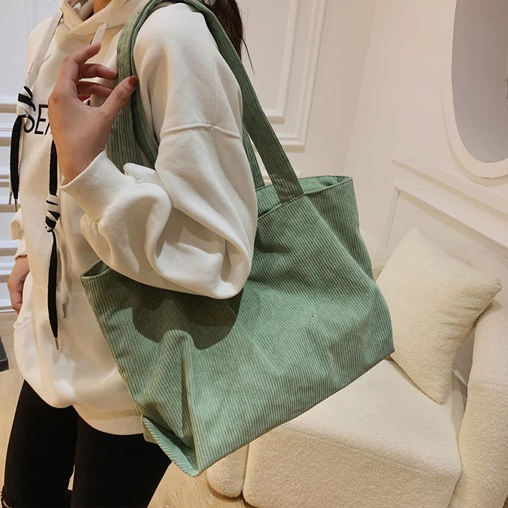 Personalized Embroidered Korean Version Large Capacity Shopping Bag Casual Art Canvas Handbag Simple Retro Corduroy Shoulder Bag