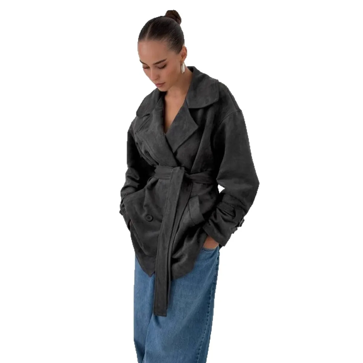 Veste en daim Vintage manteau 2025 automne hiver nouveau col rabattu cravate taille manteau