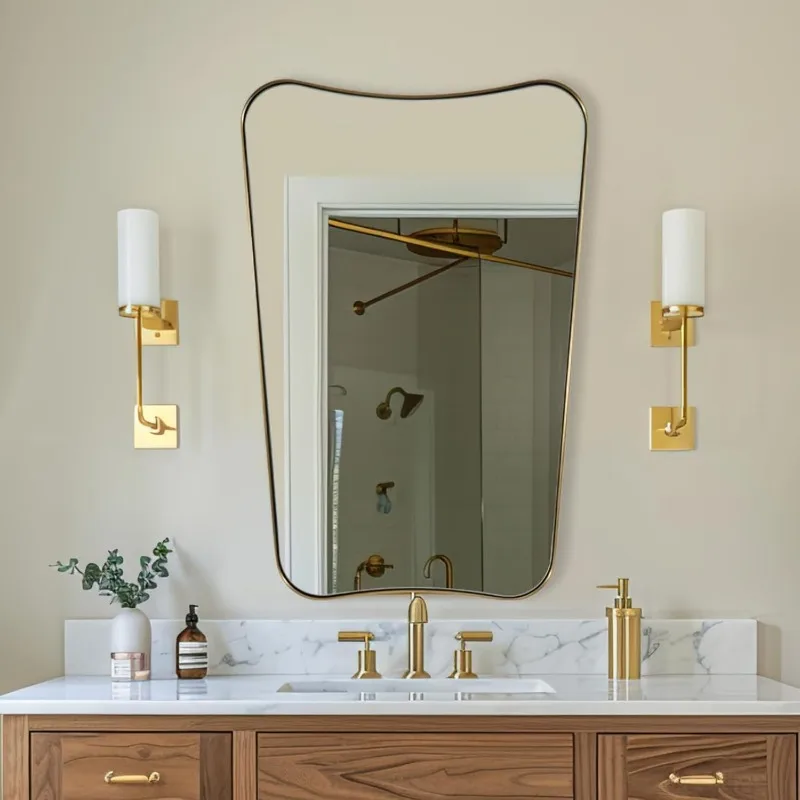 24x36 Irregular Wall Mirror, Gold Bathroom Vanity Mirror, Brass Wall Mirror, Stainless Steel Metal Frame Asymmetric Mirror