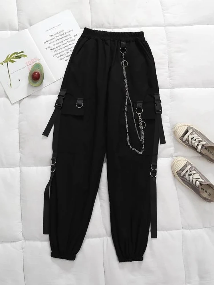 HOUZHOU Gothic Women Black Cargo Pants Harajuku Punk Chain Trousers Female Hip Hop Mall Goth Streetwear Techwear Egirl Grunge