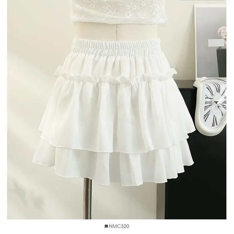 Spring 2025 New High Waist A-Line  Skirt for Women with Lace Hem Fluffy Cake Skirt Casual Style Pure Color Polyester Fiber