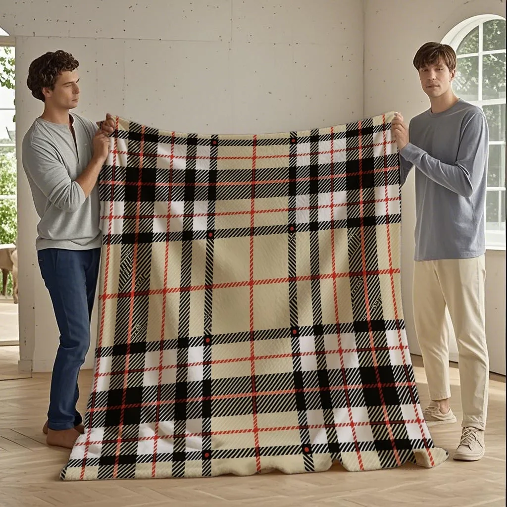 Classic Camel, Black, White, and Red British Plaid Vintage Print Flannel Blanket, All-Season Home Sofa Nap Throw, Warm and Skin-