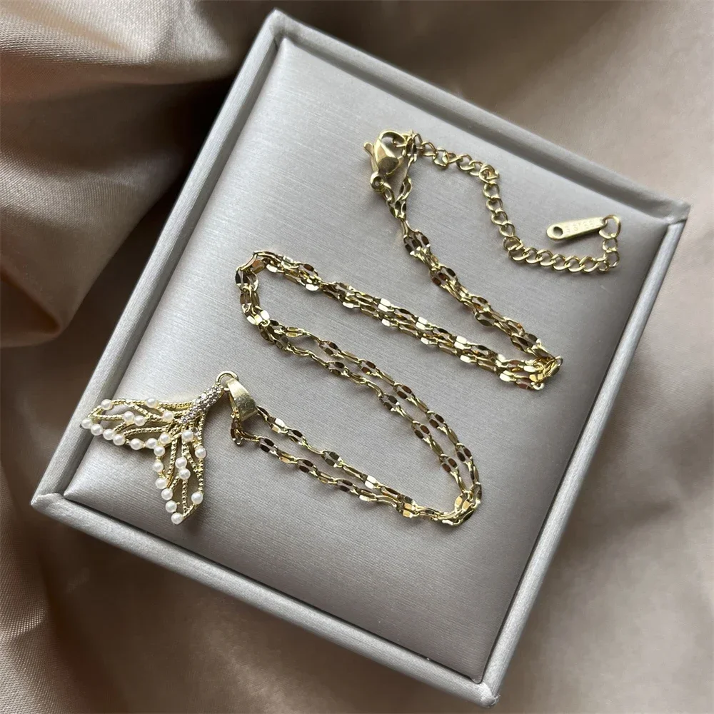 Fashion Mermaid Simulated Pearl Pendant Jewelry Gold Plated Austrian Crystal Necklace Gift for Girls Women