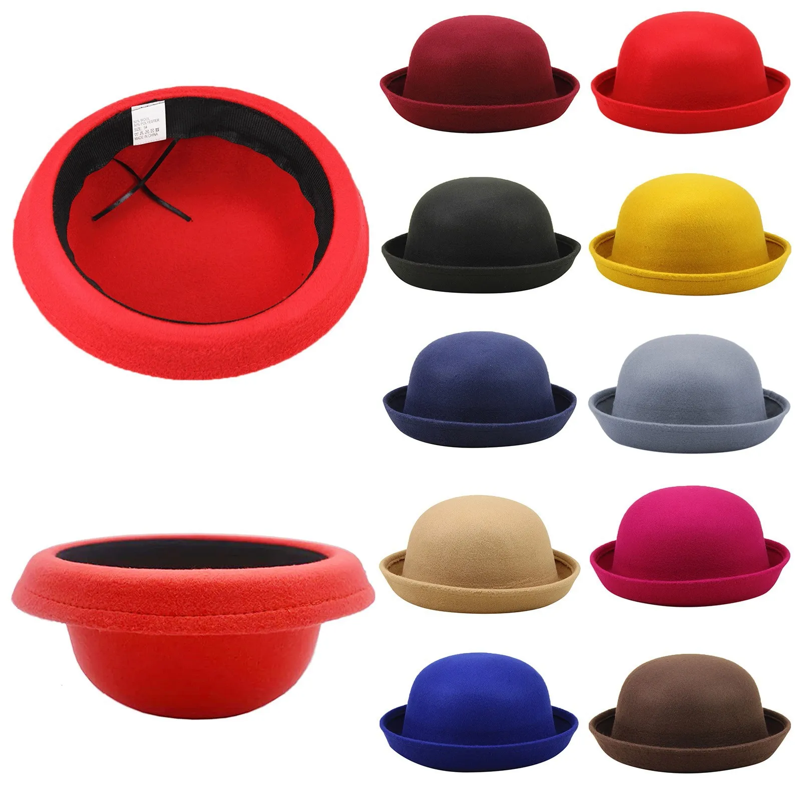 Trendy Women Girl Dome Top Cap Solid Color Cotton Polyester Fedora Hats Children Bowler Hat Casual Parent-child Fedoras Cap