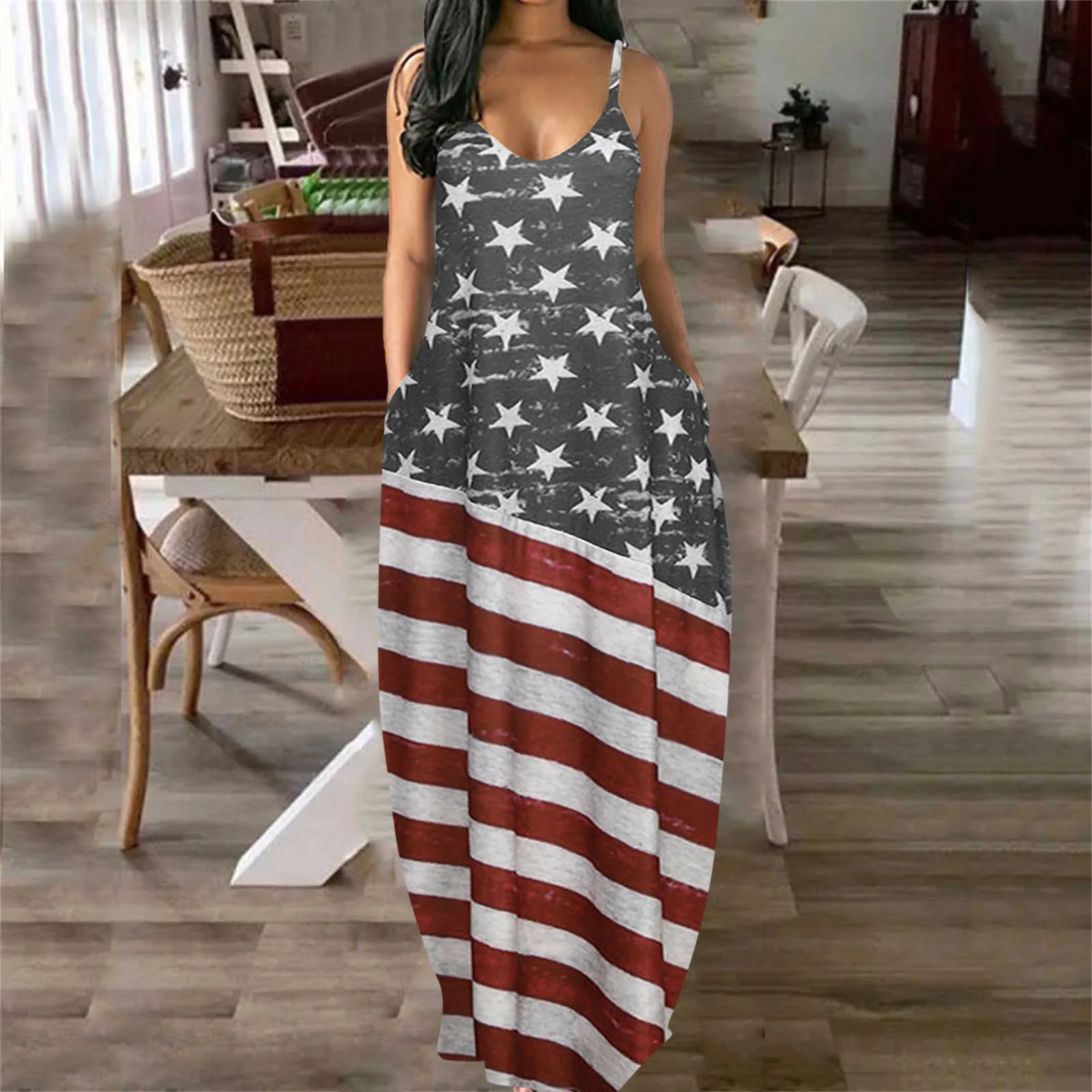 

Slip Long Dress American Flag Sexy Loose Elegant Dresses for Ladies Casual Summer Women's Dresses Party Sleeveless Striped Dress