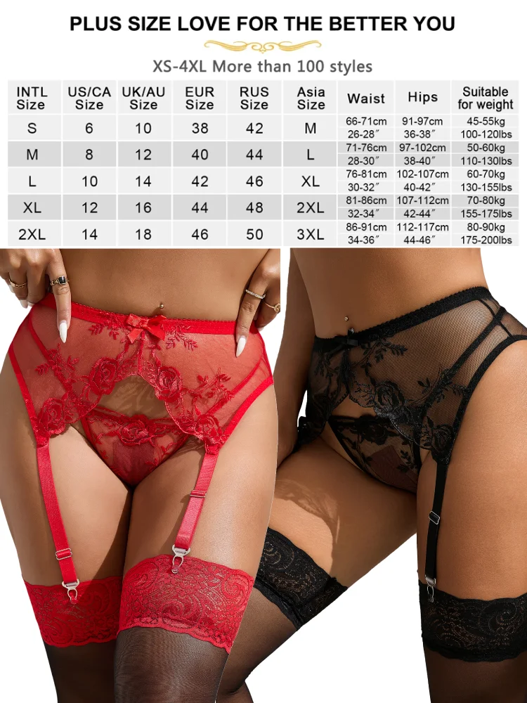 Comeondear Embroidery Flower Garter Panty Plus Size Mesh Suspender Lingerie Sexy Underwear High Waist Stretch Belts for Stocking