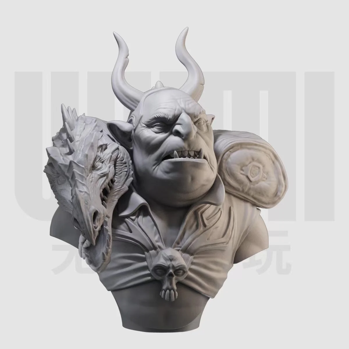 1/10 dragon head and orc bust fantasy green leather resin white mold GK figure model