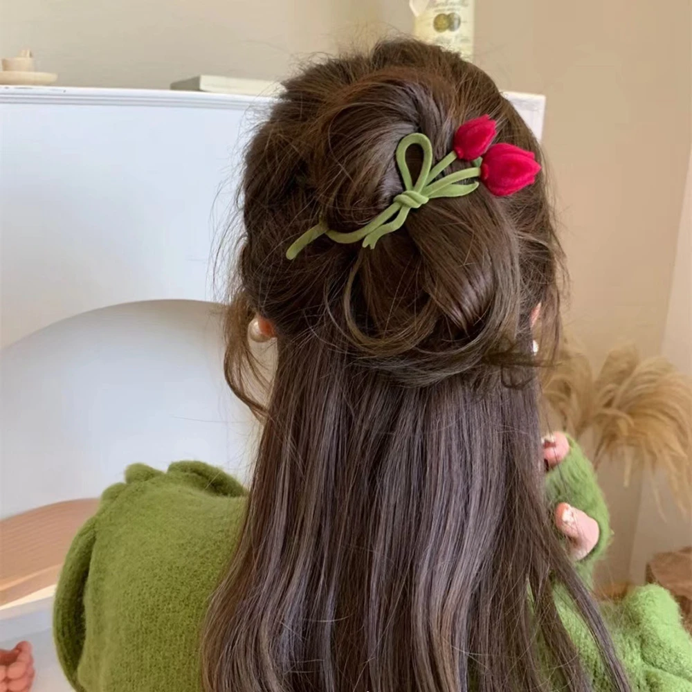 Double Prong Claw Clip Velvet Tulip Shaped Fabric Flowers Bow Decoration Spring Hair Accessory For Women Girls Daily Party Use