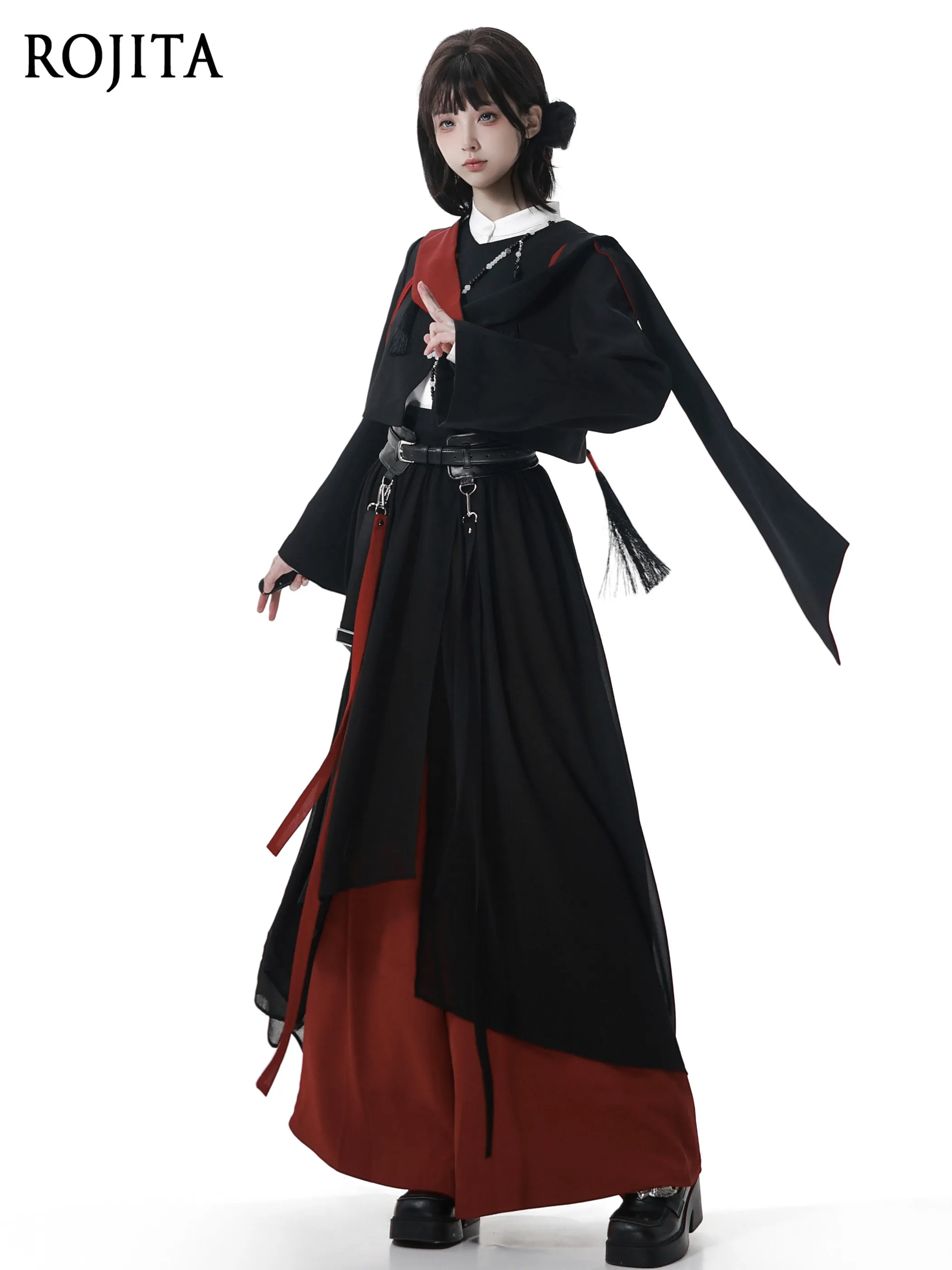 

Red and Black Chinese-style Short Jacket and Irregular Wide-leg Long Pants Women Stylish Shirt Short Coat with Ribbon Decoration