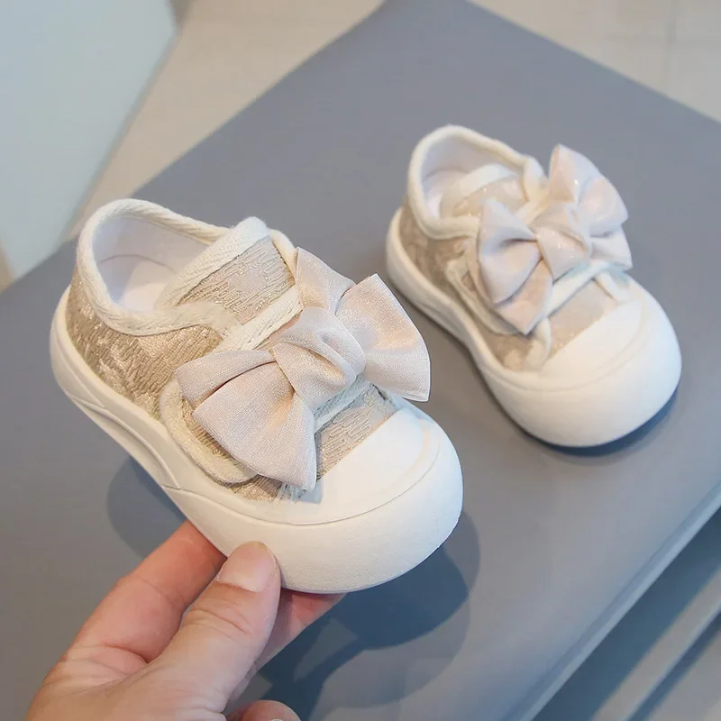 Baby Kids Canvas Shoes Toes Capped Girls Walking Shoes with Big Bow 2025 New Fashion Kids Princess Shoes Non-slip Soft Sole