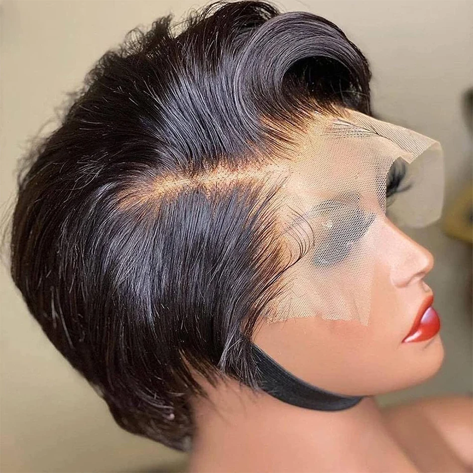 

13x4 Pixie Cut Wig Human Hair Short Straight Natural Black Remy Hair 180% Density 13x6x1 Lace Frontal Human Hair Wig Preplucked