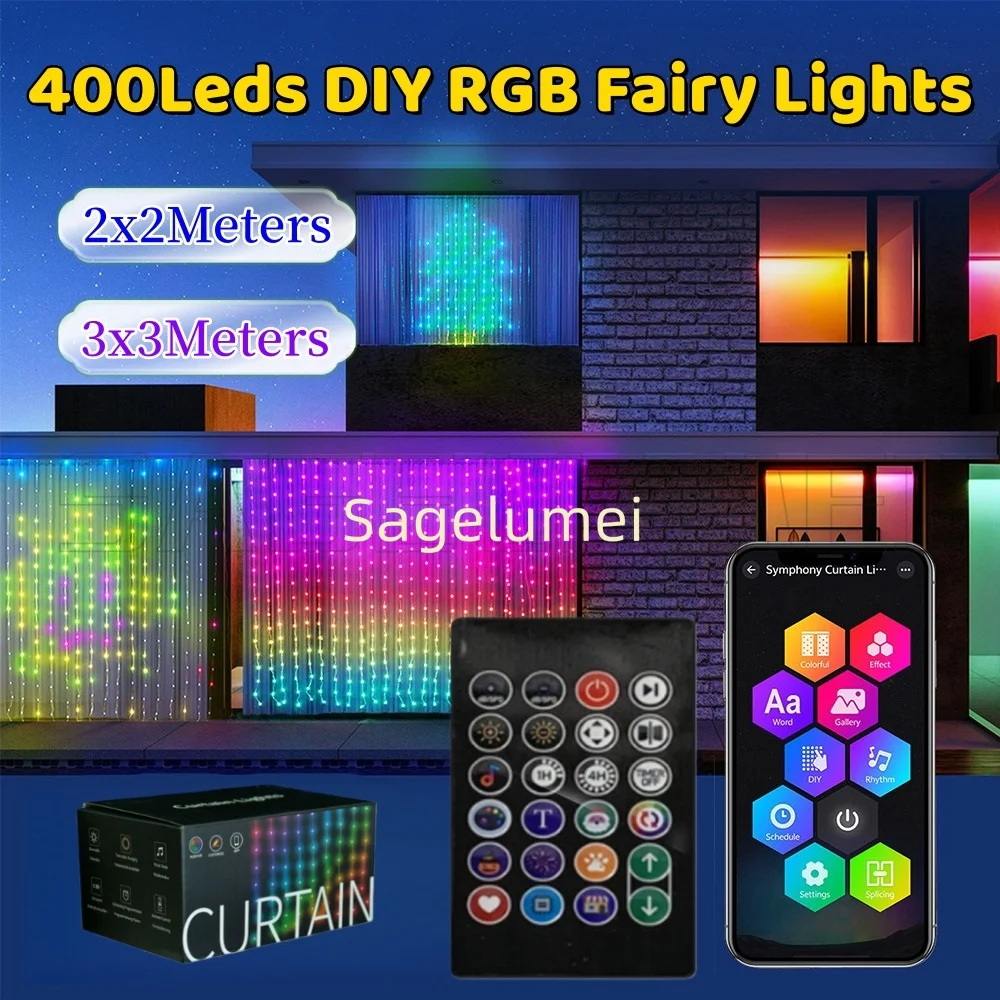 400LED String Lights Smart Curtain RGBIC Light Bluetooth APP Control for Wedding Christmas Fairy Lighting DIY Decoration WS2812B