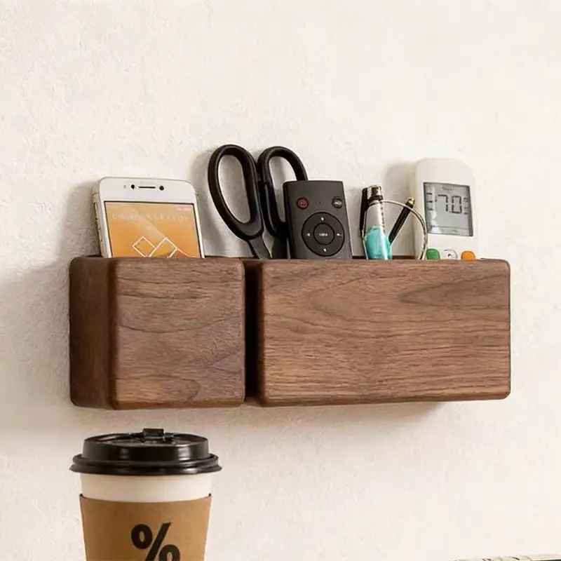 Wooden Remote Control And Mobile Phone Storage Rack Wall Mounted No Drilling Required Home Use Organizing Box for Living Room