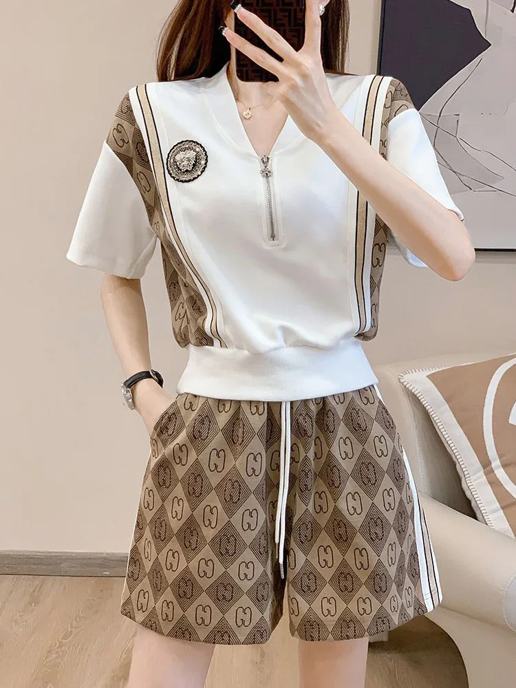 2024 estate sottile 2 pezzi set donna Casual scollo a v Pullover corto t-shirt top Conjuntos coreano a vita alta pantaloni larghi tuta