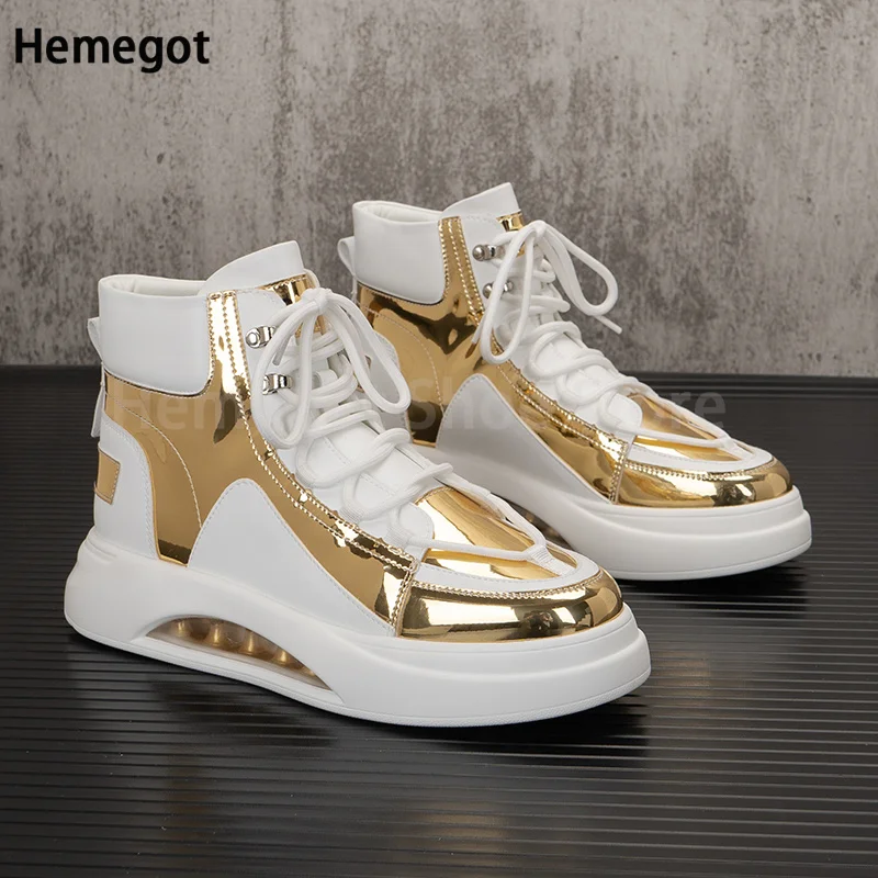 Patent Leather Thick-Soled Shoes Air Cushion Heightening High-Top Men's Shoes Heightening Board Shoes Men's Small White Boots