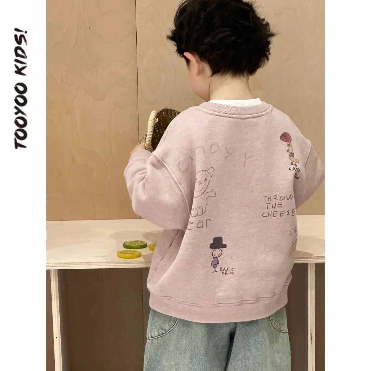 

Корейский детский свитшот для мальчиков, осенние пуловеры с мультяшным принтом для маленьких мальчиков, свободные веселые топы с граффити для маленьких мальчиков