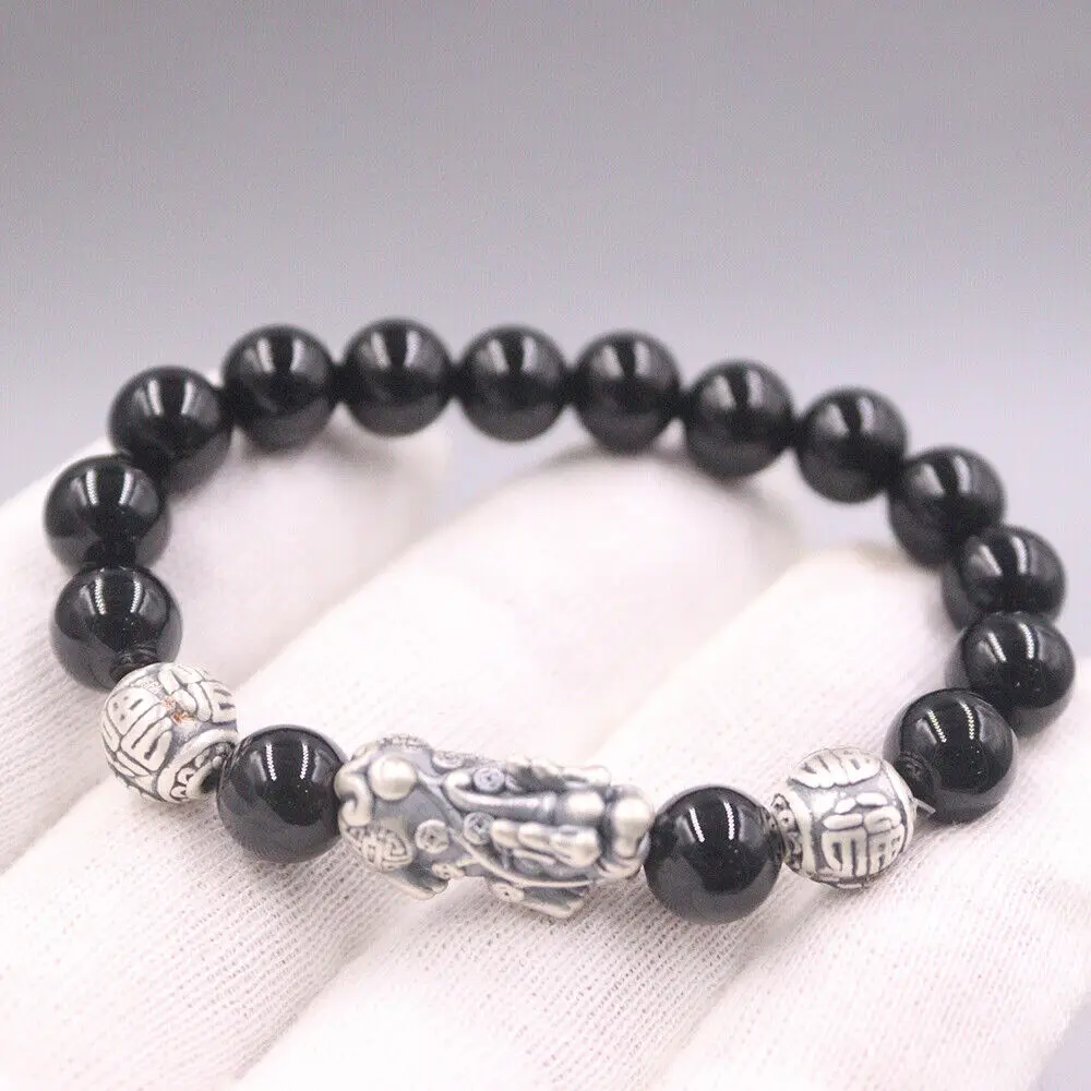 

Real 999 Fine Silver Pixiu With 8mm Black Agate Bead Bracelet Men's Bangle 7.1"