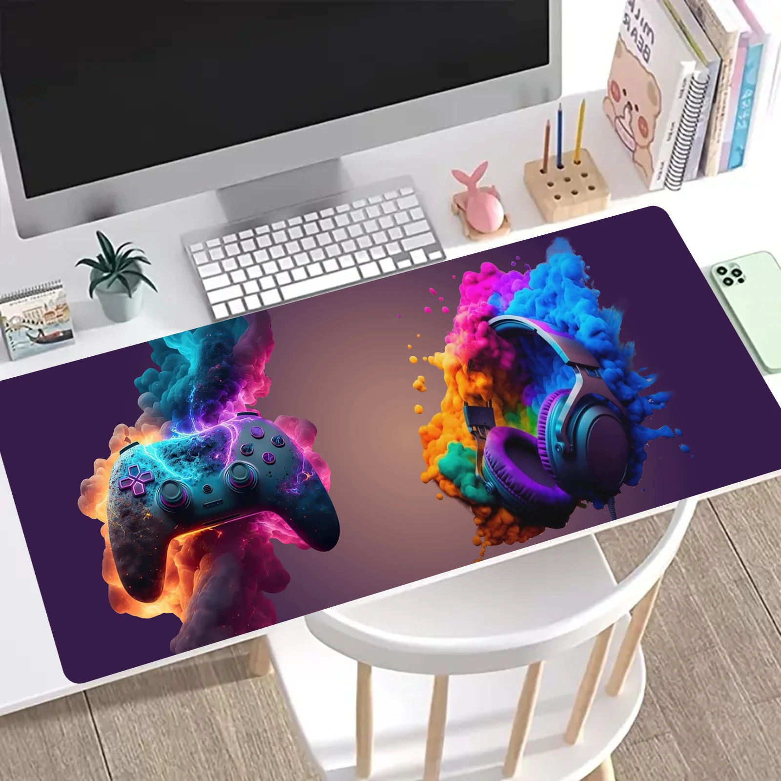 Gamepad Headphones Mouse Pad Desk Pad Mouse Mat for Keyboard, Gift Mouse Pad with Anti-Slip Rubber Base, Extended Desk Mat