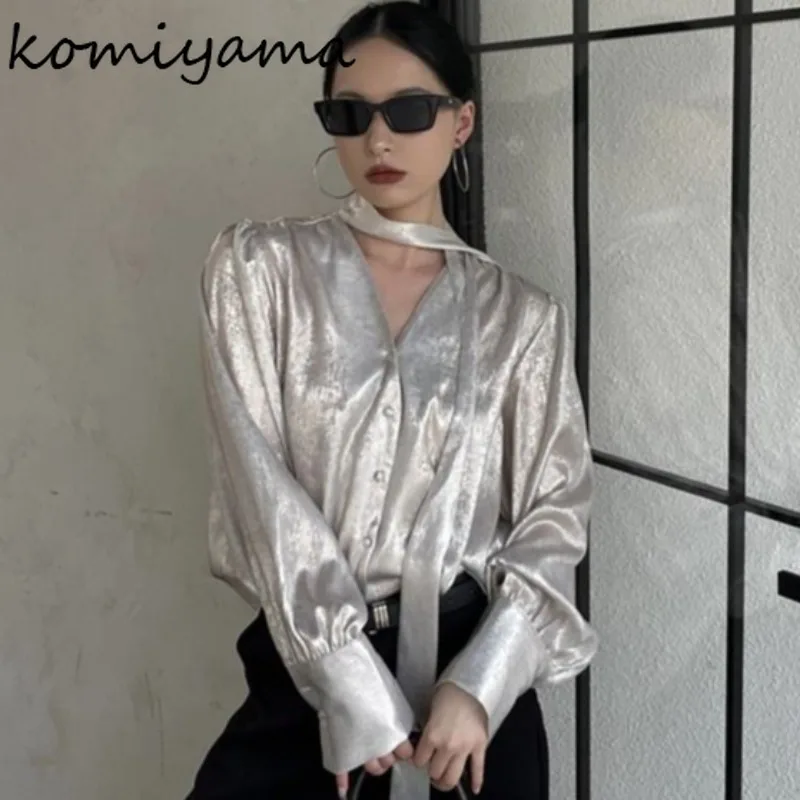 

V-neck Ribbon 2025 Ropa Mujer Long Sleeve Shirts & Blouses Single Breasted Tops Autumn New Temperament Blusas Trendy Camisas