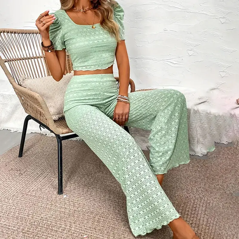 Y.KUKU New Pant Sets For Women 2 Pieces Ladies Tops Short Sleeve Long Trousers Elegant Outfit Jacquard Lace Female clothing