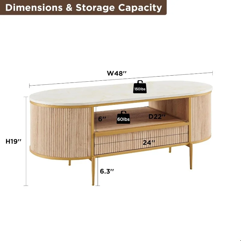 Moderne luxe gecanneleerde salontafel, 48 inch ovale salontafel met lade, kunstmarmeren blad, gebogen profielontwerp, goudkleurig metaal december