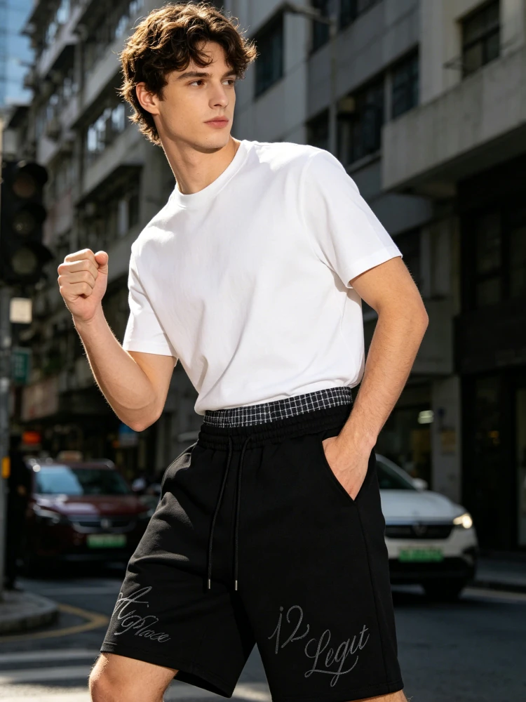 Double Layer Plaid Waist Men Sweat Shorts Rhinestone Letter Print Drawstring Loose Knee Length Hip Hop Streetwear Sports Shorts