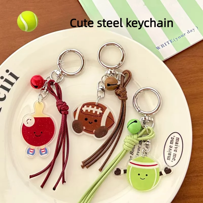 Cute Sport Theme Acrylic Keychain with Bell Tassel Bag Charm Cartoon Key Ring for Car Keys - Unique Gift Idea