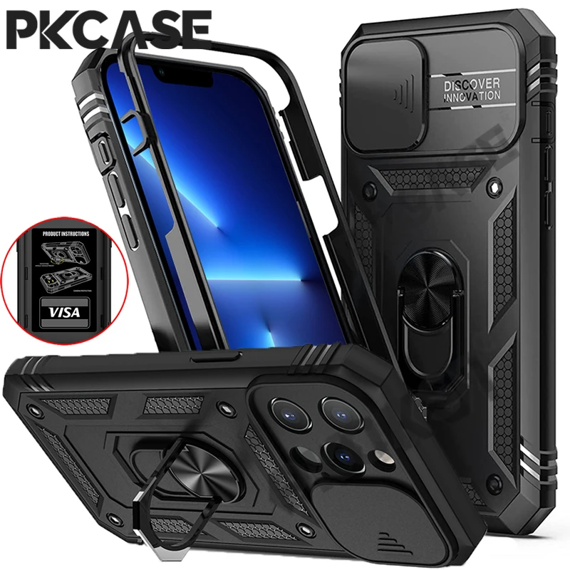 

PKCASE Push Window Phone Case For iPhone 16 15 14 Pro Max 360 Degree Rotate Stand Shockproof Cover For iPhone 13 14 15 Plus