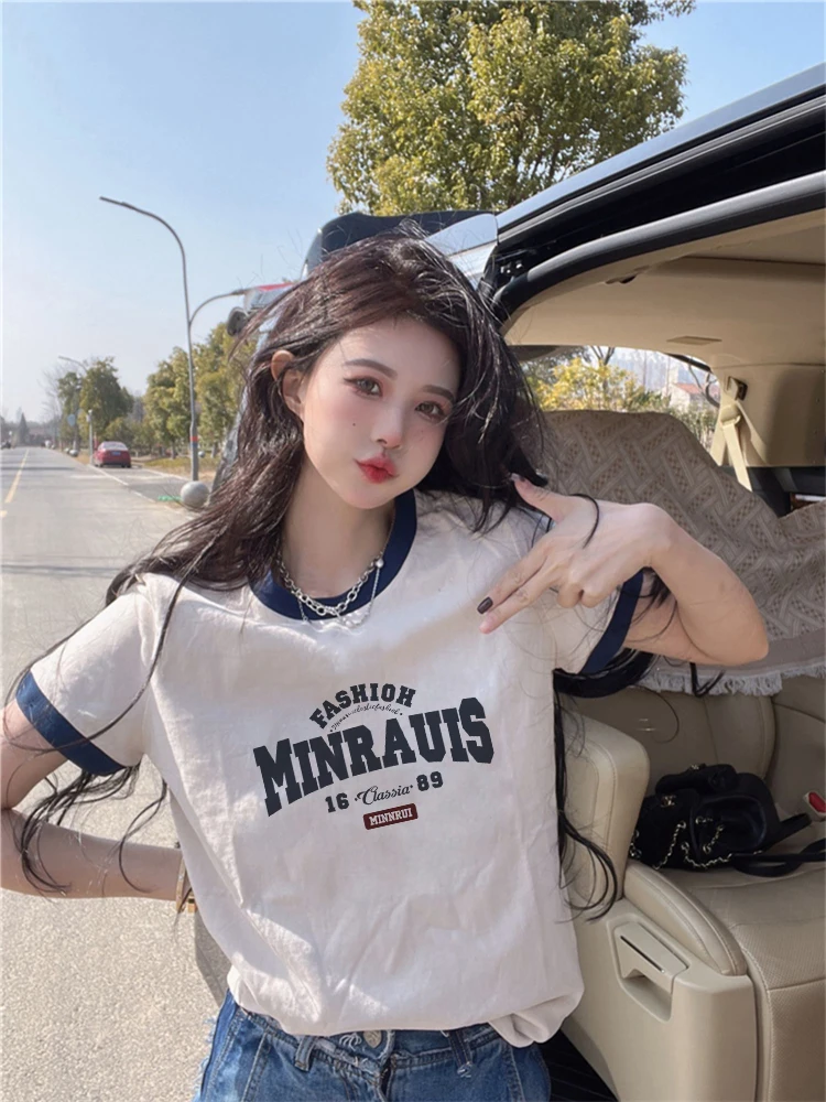 Cseta de Aodão Estilo Americano de Manga Curta para Mulheres Verão Ultra ular Alta Qualidade Sensação INS Tendência S...