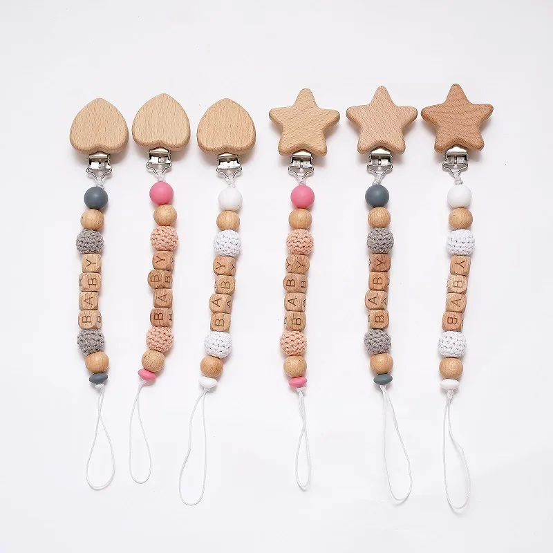 New Baby Personalized Name Pacifier Clips Wood Star Moon Heart Dummy Clip Teething Chain Soother Holder Teether Newborn Toy Gift