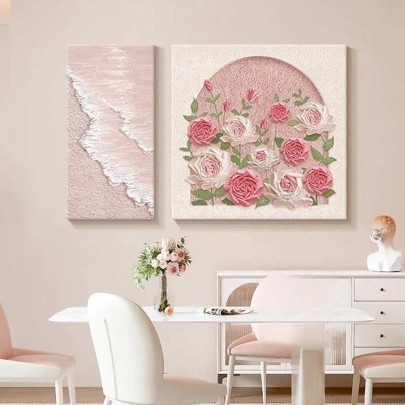 Cream wind dining room decorative painting, simple texture floral master bedroom bedside painting